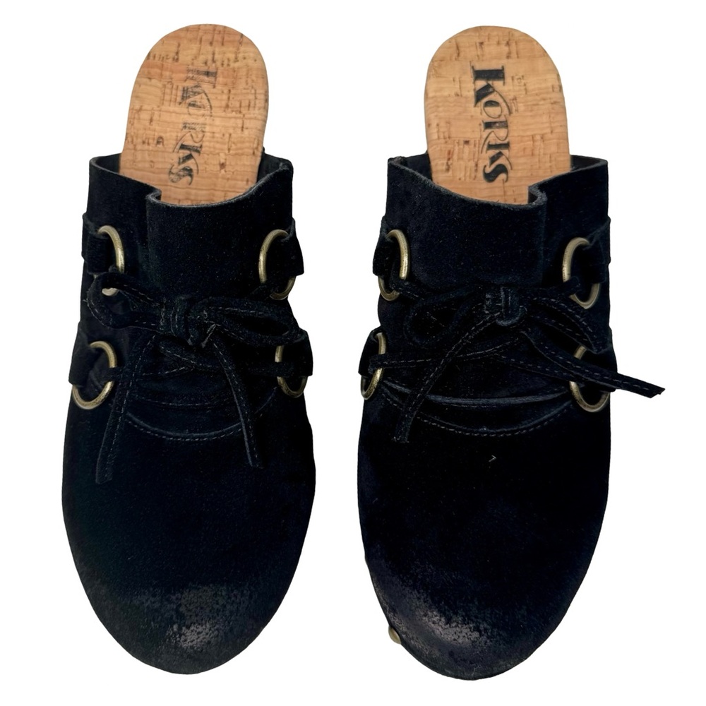 KORKS Woodley Black Suede Studded Clogs Mules with Wooden Heel Size 8M - Picture 13 of 13